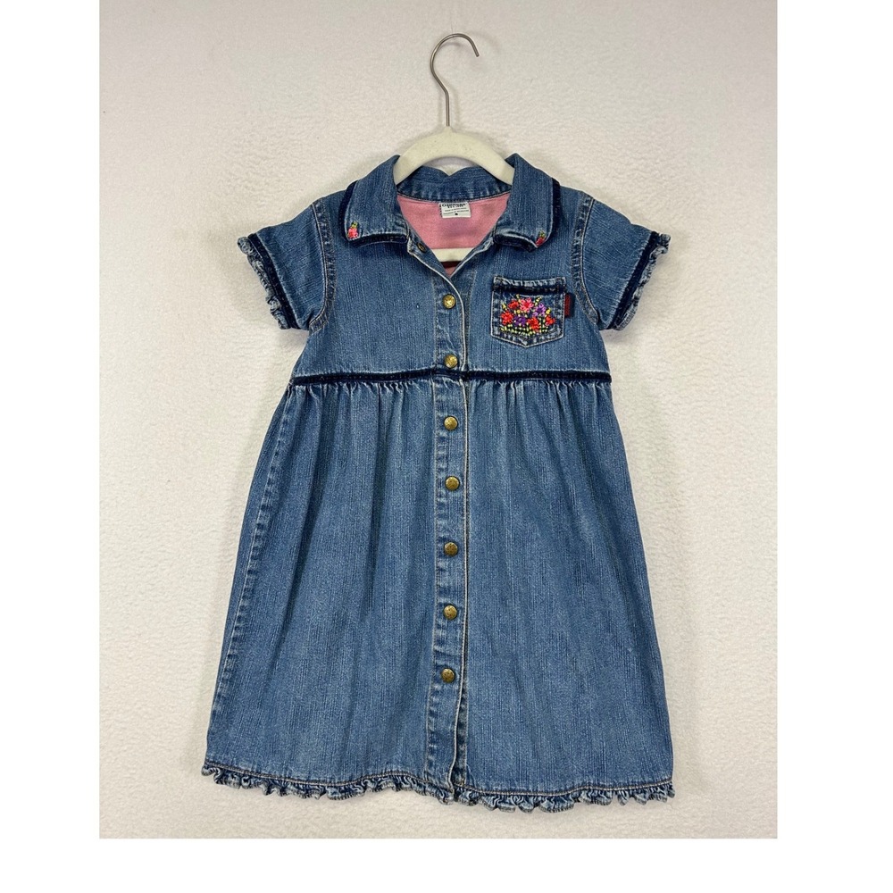 Cottagecore Floral OshKosh Kids 5 Denim Embroidered Ruffle Button Front Dress